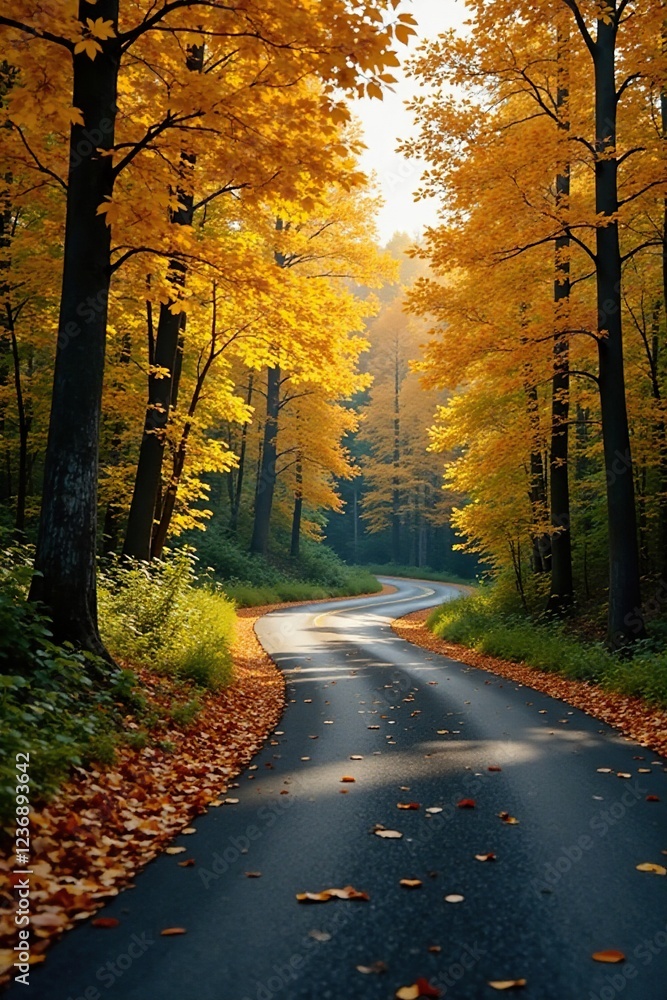 Obraz premium Road winding through golden forest with changing leaves, forest, greenery