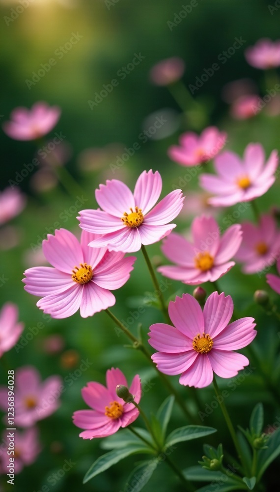 Pastel pink cosmos flowers bloom in a lush garden, , colorful blooms Pastel pink cosmos flowers bloom in a lush garden, , colorful blooms
