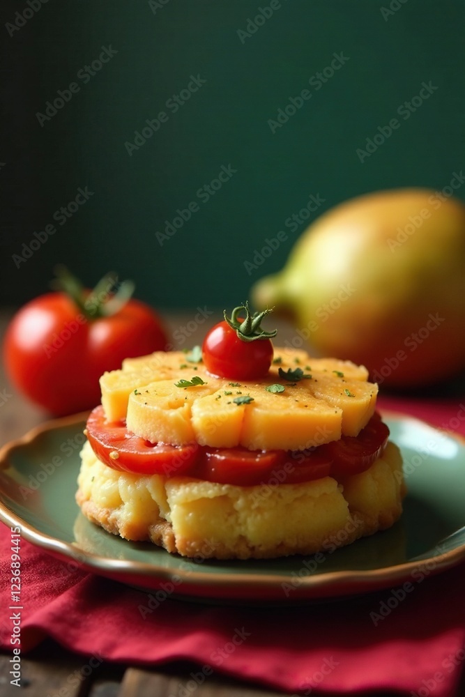 Pato assado com abacate e tomate sobre uma mesa de Natal colorida, toalhas, tomate Pato assado com abacate e tomate sobre uma mesa de Natal colorida, toalhas, tomate
