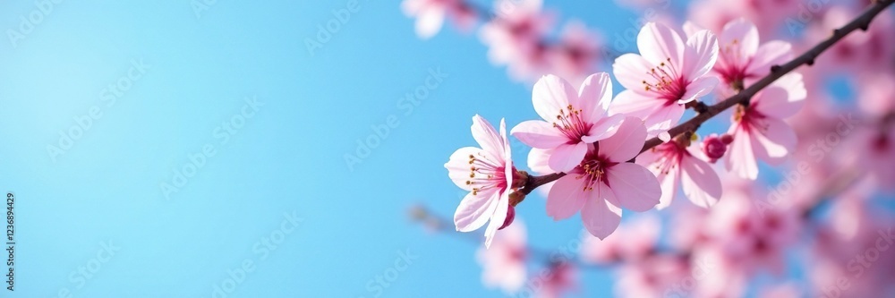 Fototapeta premium Soft pink cherry blossom branch against a clear blue sky, tree, blooming, floral