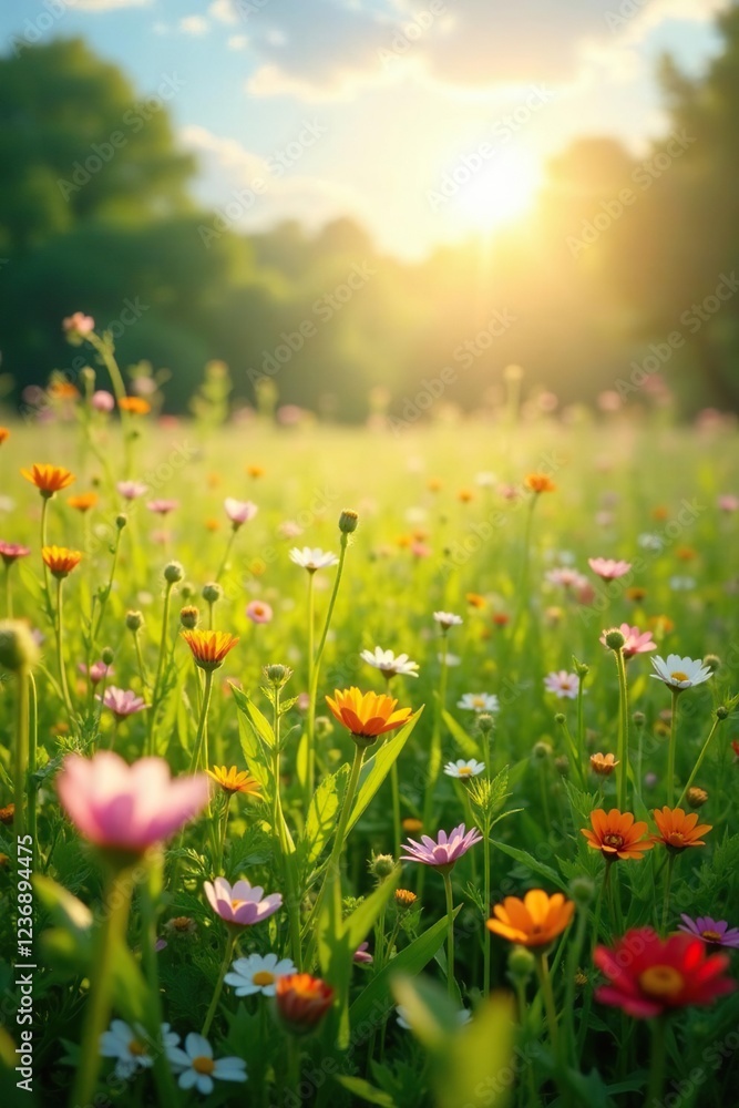 Sun-kissed meadow with wildflowers swaying gently in breeze, garden, sunshine Sun-kissed meadow with wildflowers swaying gently in breeze, garden, sunshine