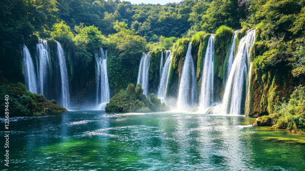 Spectacular spring waterfall surrounded by lush greenery and shimmering rainbow Spectacular spring waterfall surrounded by lush greenery and shimmering rainbow