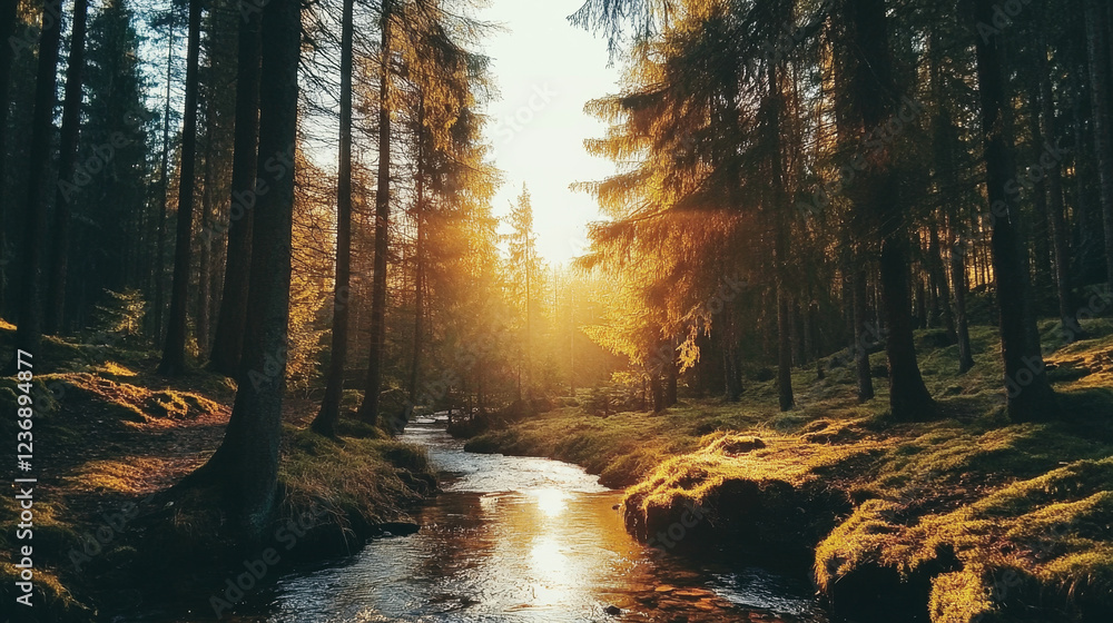 Obraz premium Serene early spring forest with winding river and golden sunlight filtering through branches