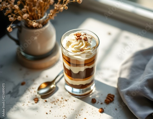 A side view of a tall glass filled with layers of espresso-soaked ladyfingers and mascarpone cream, with a spoon resting beside it, illuminated by soft natural light from a nearby window. photo