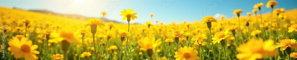 Fototapeta premium Sunny field of yellow marigold flowers swaying in wind, campo, sol, naturaleza