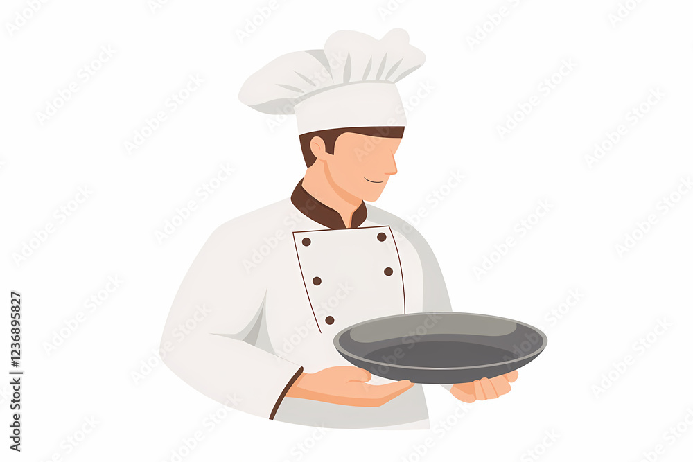 Professional chef in uniform cooking in a kitchen, preparing a delicious recipe with kitchen utensils. Colorful clip art illustration.