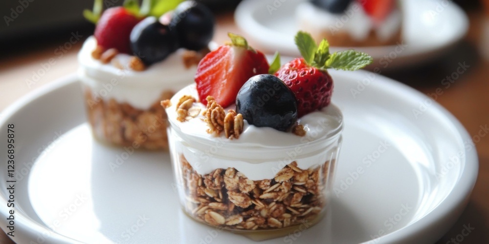 Delicious yogurt parfait with granola and fresh berries, perfect for healthy eating promotions, dessert menus, or food blogs. Delicious yogurt parfait with granola and fresh berries, perfect for healthy eating promotions, dessert menus, or food blogs.