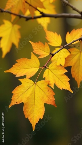 Yellow autumn leaves on a birch branch ornament, natural, yellow, ornaments