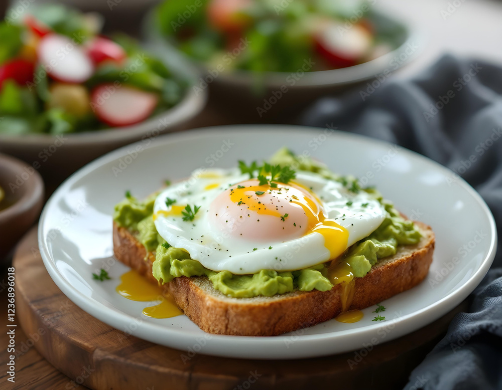 Creamy avocado spread on toasted sourdough bread, featuring a perfectly poached egg, placed on a white plate with a colorful salad of mixed greens and radishes in the background. Creamy avocado spread on toasted sourdough bread, featuring a perfectly poached egg, placed on a white plate with a colorful salad of mixed greens and radishes in the background.