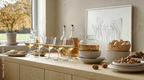 Wallpaper Mural Autumnal kitchen counter, wine glasses, snacks, and eggs, near window. Use food blog, website Torontodigital.ca