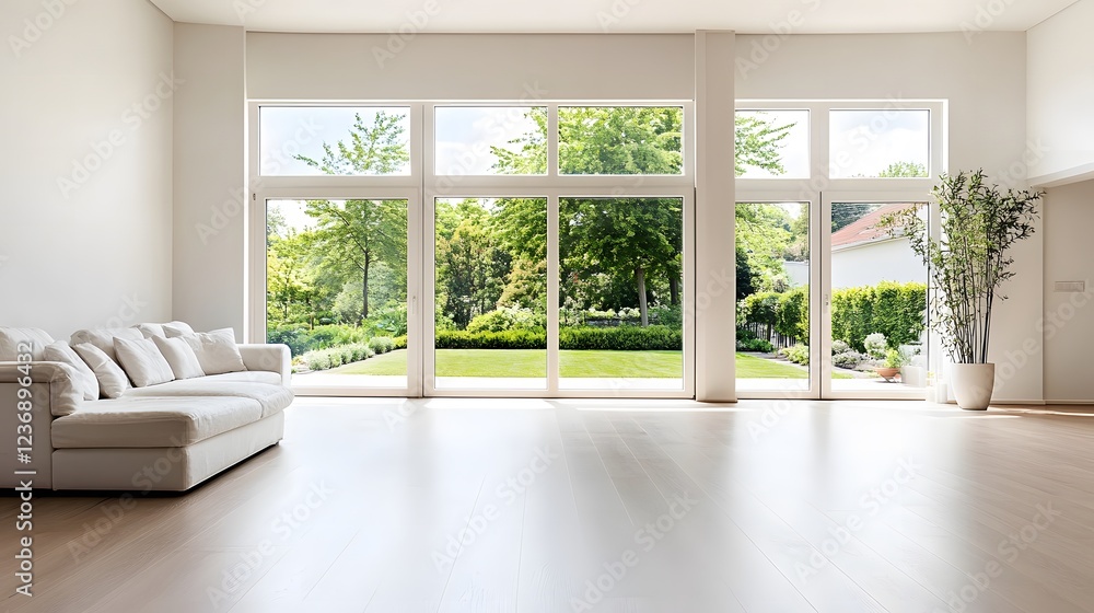 Fototapeta premium Modern Living Room with Large Windows and Garden View White Sofa Sunny Day
