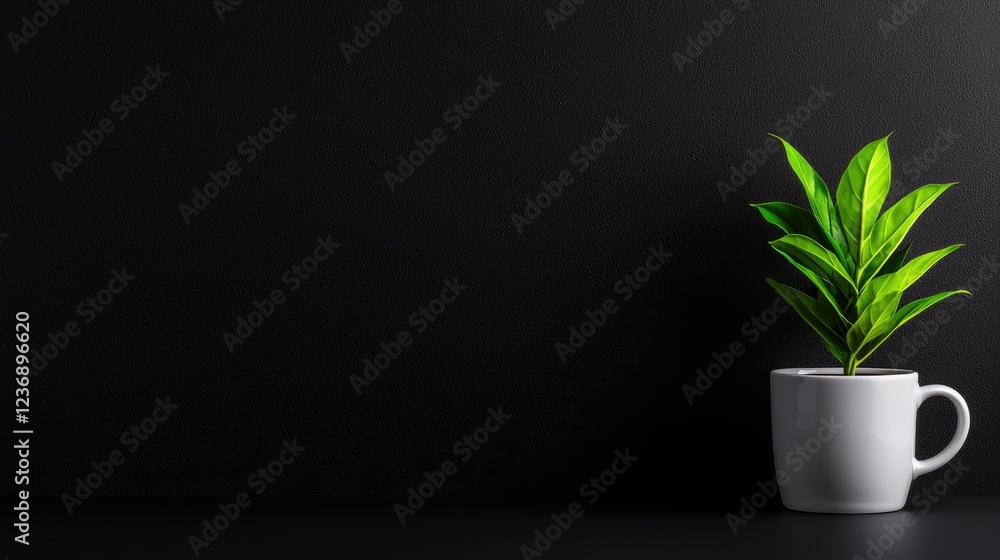 Plant in cup, dark background, growth, office desk