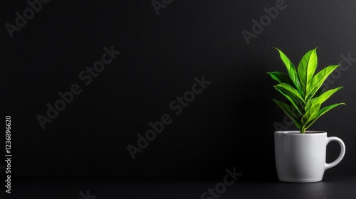 Obraz na płótnie Plant in cup, dark background, growth, office desk w salonie