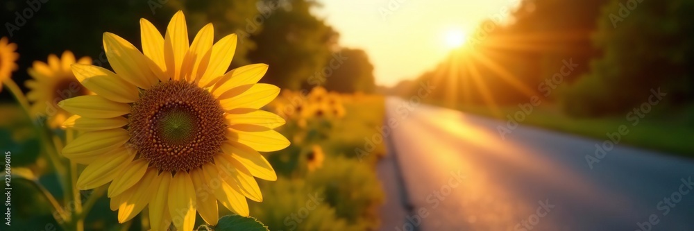 Obraz premium Roadside flower blooms with golden hour light, asphalt, sunflower
