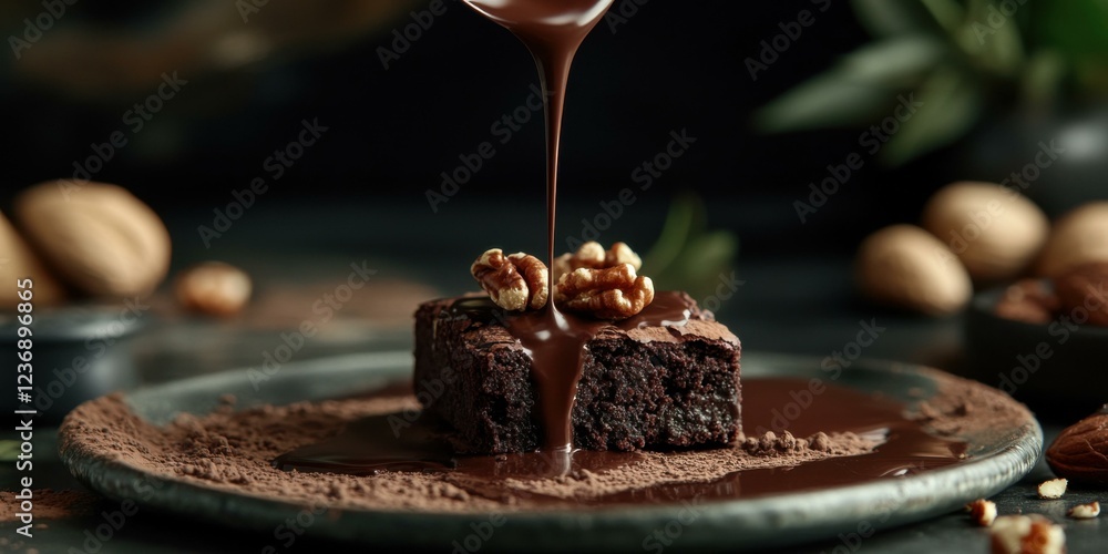 Obraz premium Decadent chocolate brownie drizzled with rich chocolate sauce, garnished with walnuts, perfect for dessert menus and food photography.
