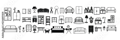 Vector line art interior design icon set on a white background