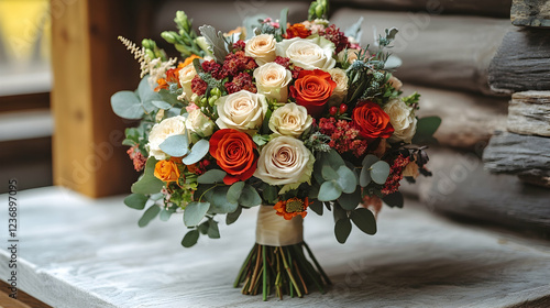 Autumnal wedding bouquet on rustic wooden background.  Perfect for wedding invitations photo