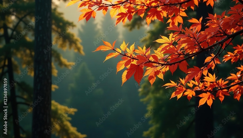 Branches heavy with amber-hued leaves on tall conifers, conifer, leafy, trees Branches heavy with amber-hued leaves on tall conifers, conifer, leafy, trees
