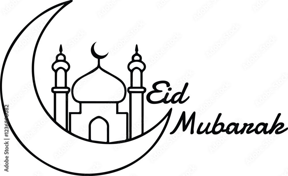Minimalist Eid Mubarak Line Art - Crescent Moon and Mosque Illustration in Black and White Minimalist Eid Mubarak Line Art - Crescent Moon and Mosque Illustration in Black and White