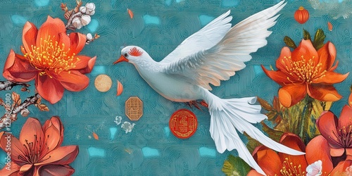 White bird flying amidst orange flowers and coins, teal background, prosperity concept.
