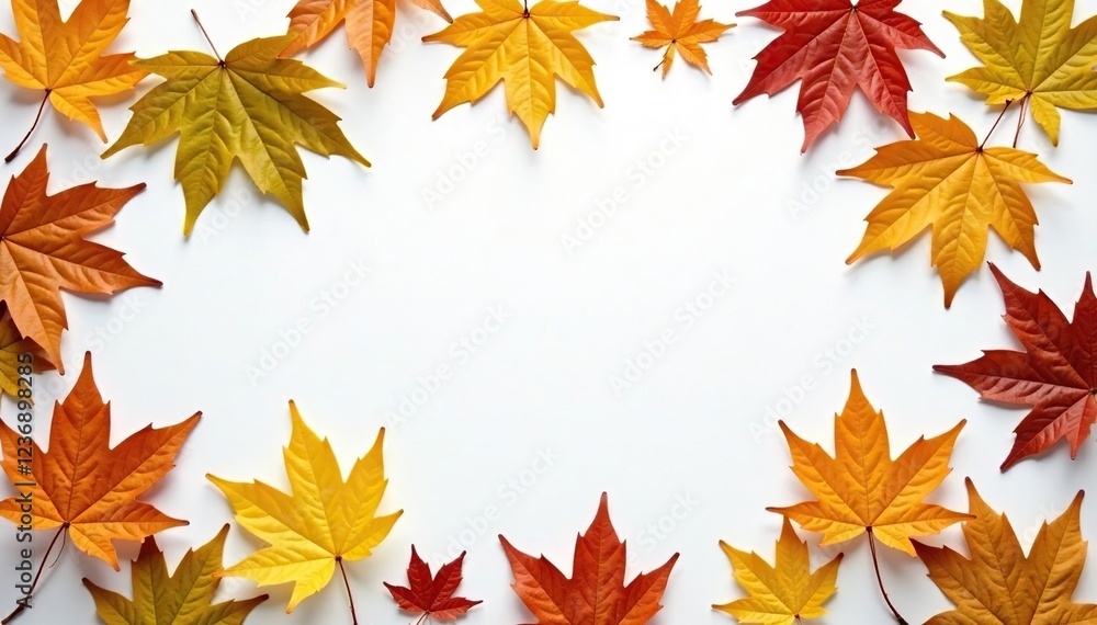 Leafy greens and browns of autumnal maple leaves on a blank white surface, nature, earth tones Leafy greens and browns of autumnal maple leaves on a blank white surface, nature, earth tones