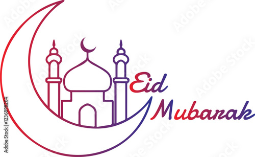 Minimalist Eid Mubarak Gradient Line Art - Crescent Moon and Mosque Illustration.