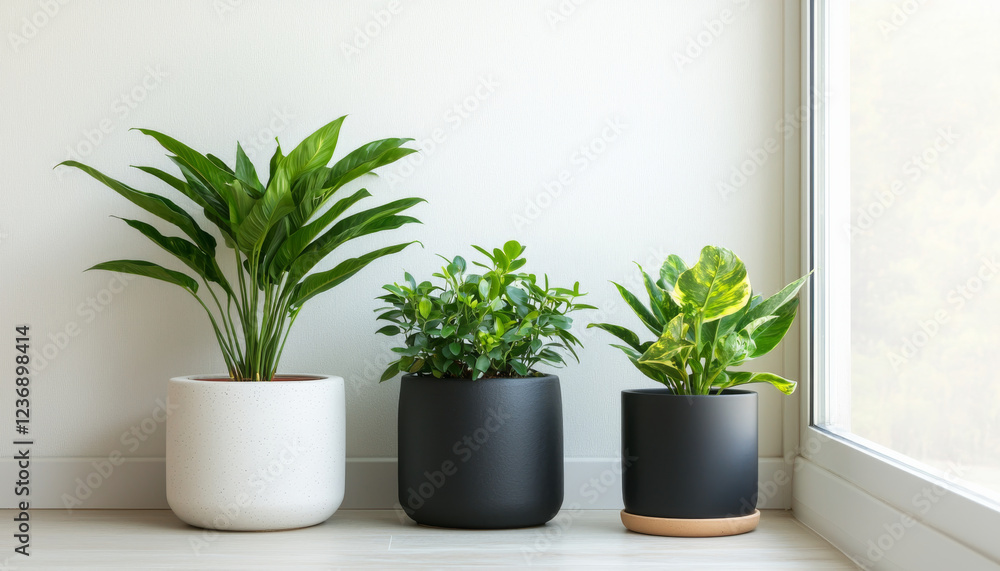 Fototapeta premium Indoor plants in modern pots by window, enhancing home decor and tranquility