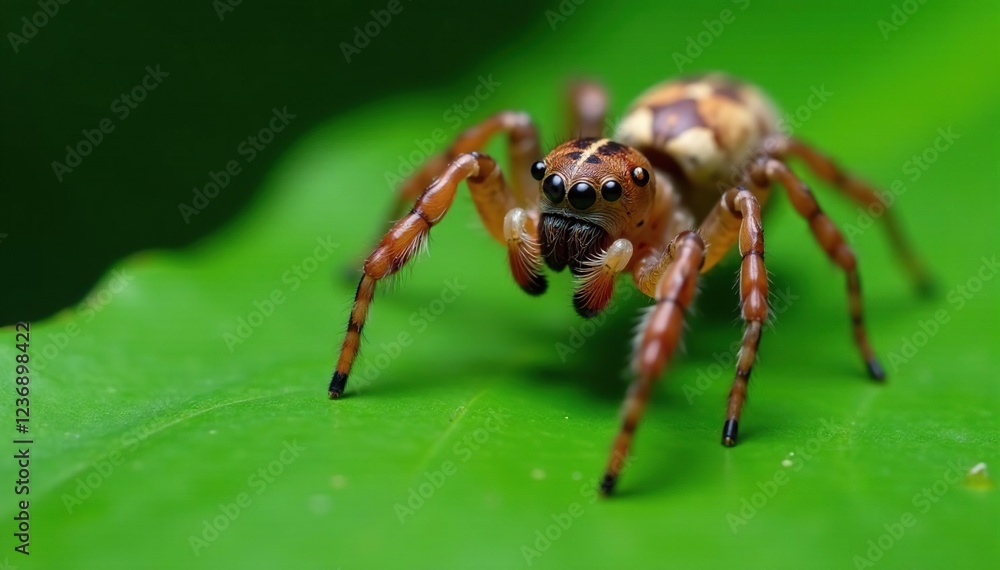 Spider's long jaws grasping onto a banana leaf, closeup, banana leaf, nature Spider's long jaws grasping onto a banana leaf, closeup, banana leaf, nature