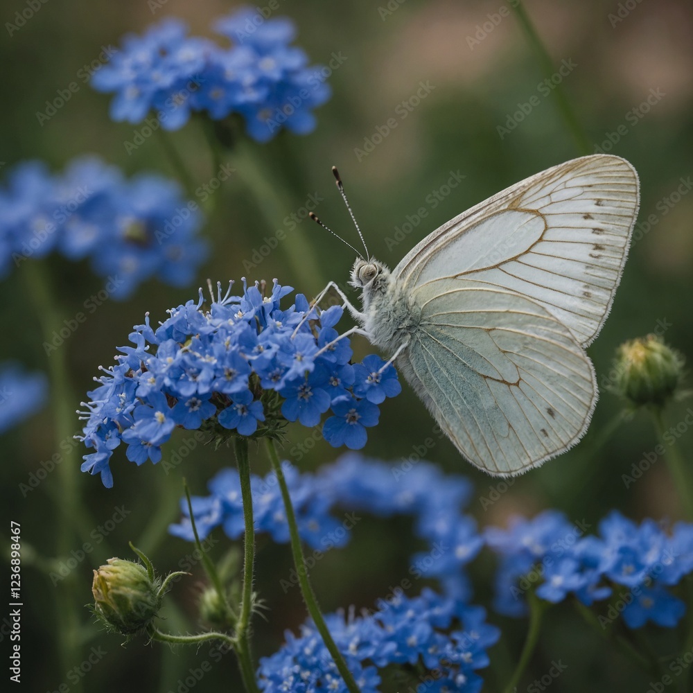 A delicate white butterfly resting on a blue flower. A delicate white butterfly resting on a blue flower.