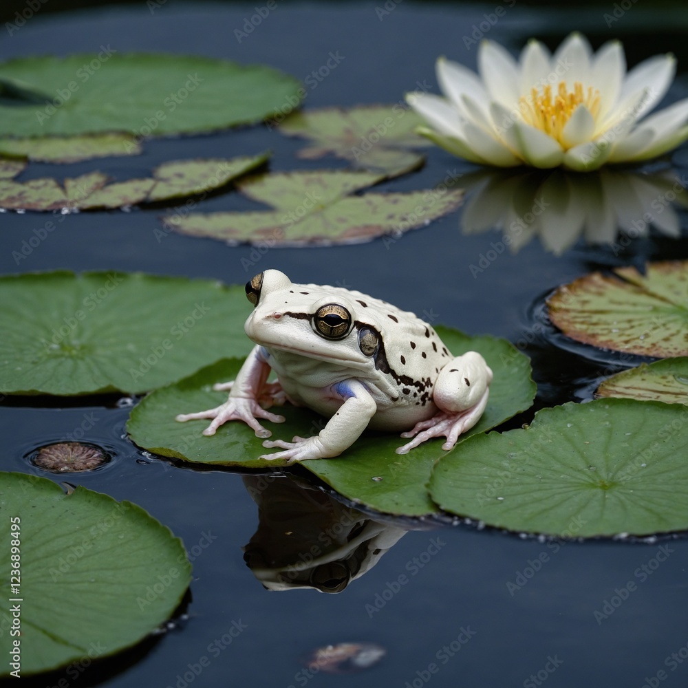 Obraz premium A fragile white frog sitting on a lilypad.
