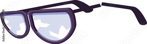 Broken eyeglasses with detached temple and cracked lenses, symbolizing poor eyesight or an accident