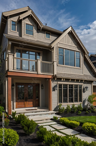 Luxury Modern Home Exterior: Architectural Design and Landscaping.  A stunning contemporary house with a gray facade, wooden accents, and beautiful landscaping.
