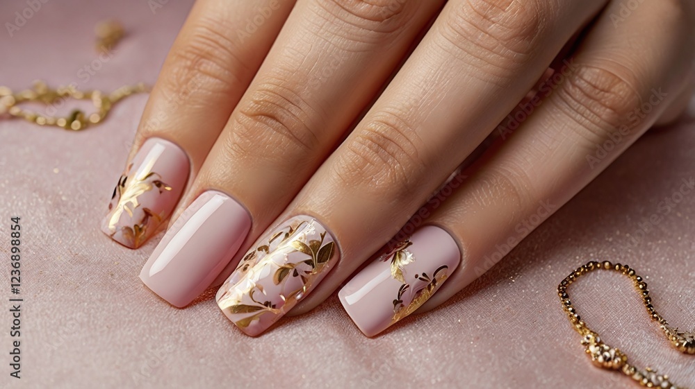 High-detail image of square-shaped nails with a blush pink base, adorned with gold leaf accents and subtle white floral patterns. Glossy finish with soft lighting highlighting the elegance. High-detail image of square-shaped nails with a blush pink base, adorned with gold leaf accents and subtle white floral patterns. Glossy finish with soft lighting highlighting the elegance.