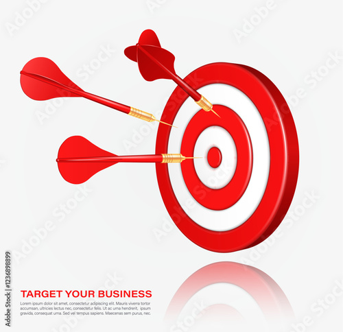 Red-and-white target with darts hitting the center. Precise marketing target concept. Can be used in marketing campaigns, business presentations, strategy development materials, motivational content. photo