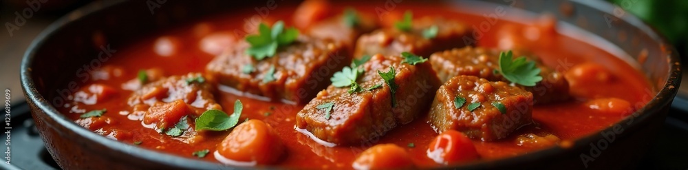 Hearty beef strips cooked in a rich tomato sauce simmering on the stovetop, tender, flavorful, beef Hearty beef strips cooked in a rich tomato sauce simmering on the stovetop, tender, flavorful, beef