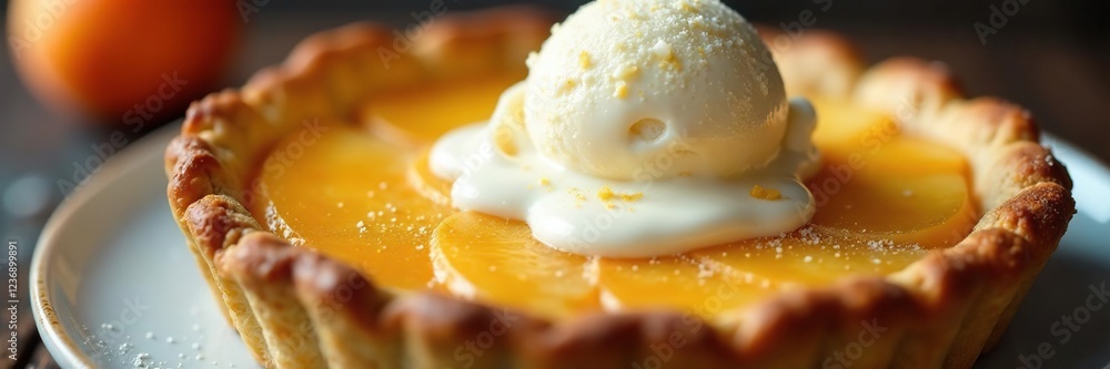 Vanilla ice cream melting on top of warm apricot pie cold creamy topping, ice cream, warming, frosty Vanilla ice cream melting on top of warm apricot pie cold creamy topping, ice cream, warming, frosty
