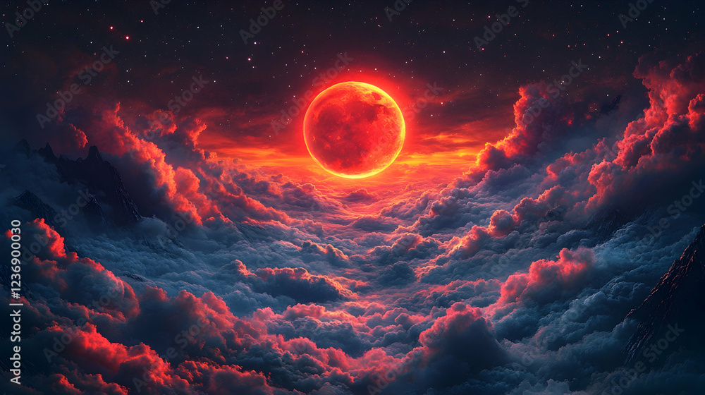 Blood moon rising over mountains, celestial event, night sky, fantasy art, ideal for fantasy or horror Blood moon rising over mountains, celestial event, night sky, fantasy art, ideal for fantasy or horror