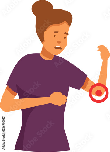 Woman experiencing elbow pain, highlighted by red circle, concept of health problems and medical care