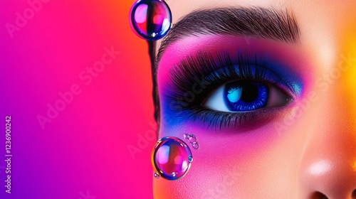 Close-up of a woman's eye with vibrant makeup and water droplets against a colorful gradient background photo