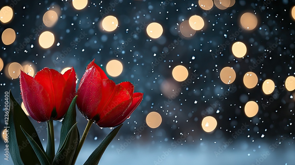 Obraz premium Amidst a gentle snowfall, bright red tulips stand out vibrantly, while soft, blurred golden lights enhance the cozy winter atmosphere