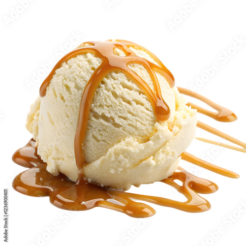 Tasty ice cream ball with caramel sauce on white background