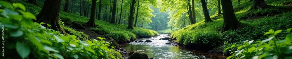 Forest stream winding its way through trees and bushes, scenery, foliage, stream Forest stream winding its way through trees and bushes, scenery, foliage, stream