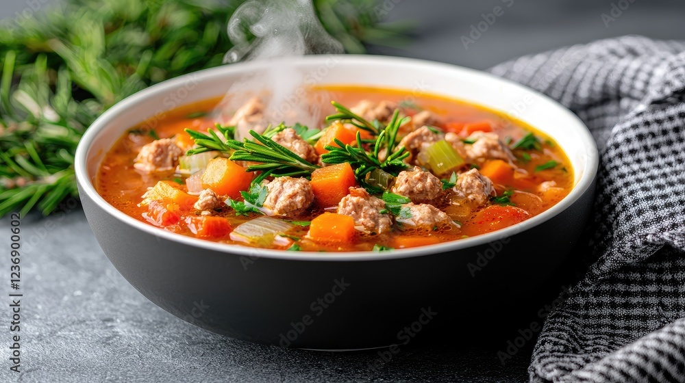 Steaming hearty vegetable soup in bowl, kitchen setting Steaming hearty vegetable soup in bowl, kitchen setting