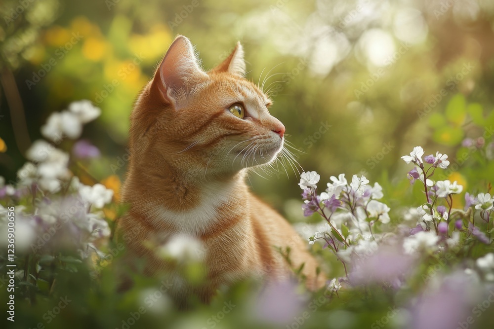 Orange cat resting among blooming flowers in a serene garden setting at sunset Orange cat resting among blooming flowers in a serene garden setting at sunset