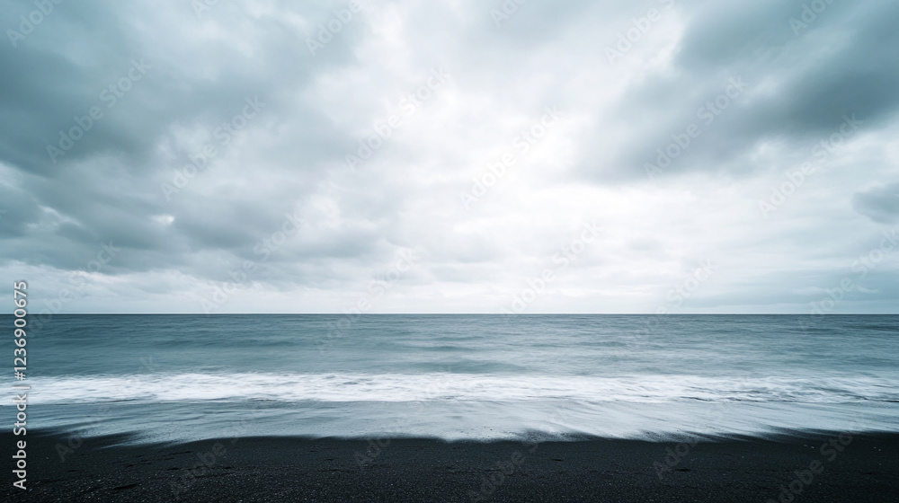 A serene and calm view of the ocean meeting the cloudy sky, with soft waves washing onto a dark sandy beach, representing tranquility, solitude, and nature's harmony. A serene and calm view of the ocean meeting the cloudy sky, with soft waves washing onto a dark sandy beach, representing tranquility, solitude, and nature's harmony.