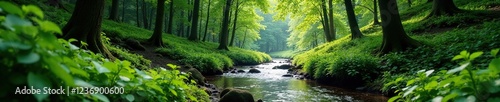 Forest stream winding its way through trees and bushes, scenery, foliage, stream