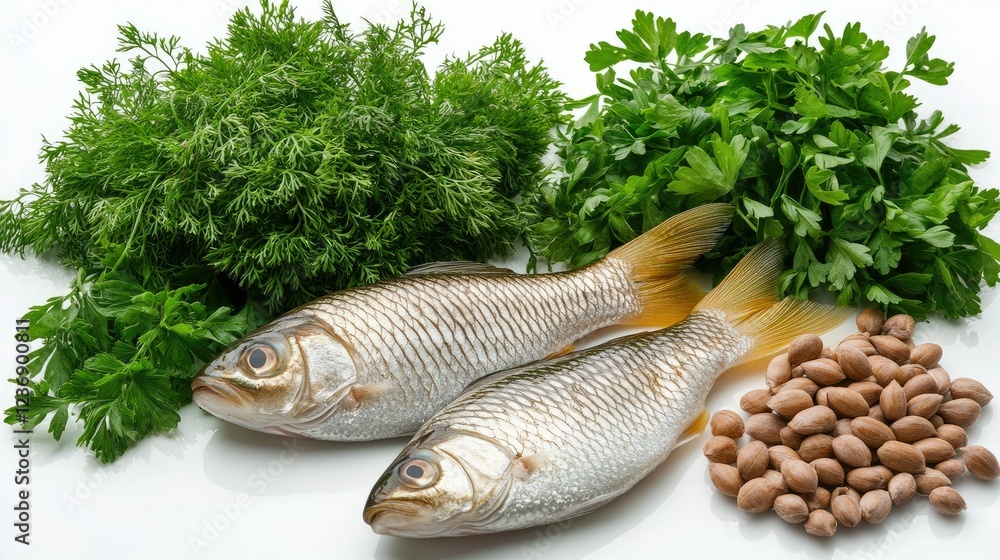 Fresh fish and herbs arranged beautifully with nuts ready for a delicious meal preparation in a kitchen setting Fresh fish and herbs arranged beautifully with nuts ready for a delicious meal preparation in a kitchen setting