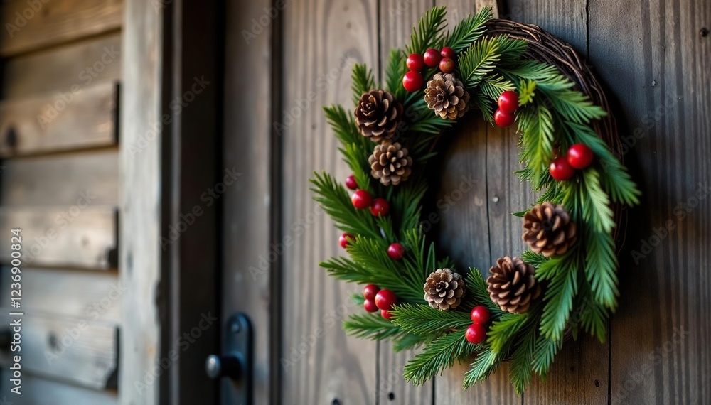 A black grapevine wreath with pinecones and red berries adorns a rustic wooden door, decoration, door A black grapevine wreath with pinecones and red berries adorns a rustic wooden door, decoration, door
