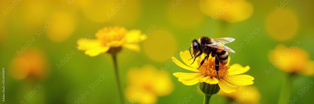 Bicolored striped sweat bee on goldenrod in a sunny garden with yellow and orange flowers, nature, yellow, insects Bicolored striped sweat bee on goldenrod in a sunny garden with yellow and orange flowers, nature, yellow, insects