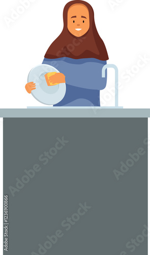 Housewife wearing hijab washing dishes in the kitchen sink